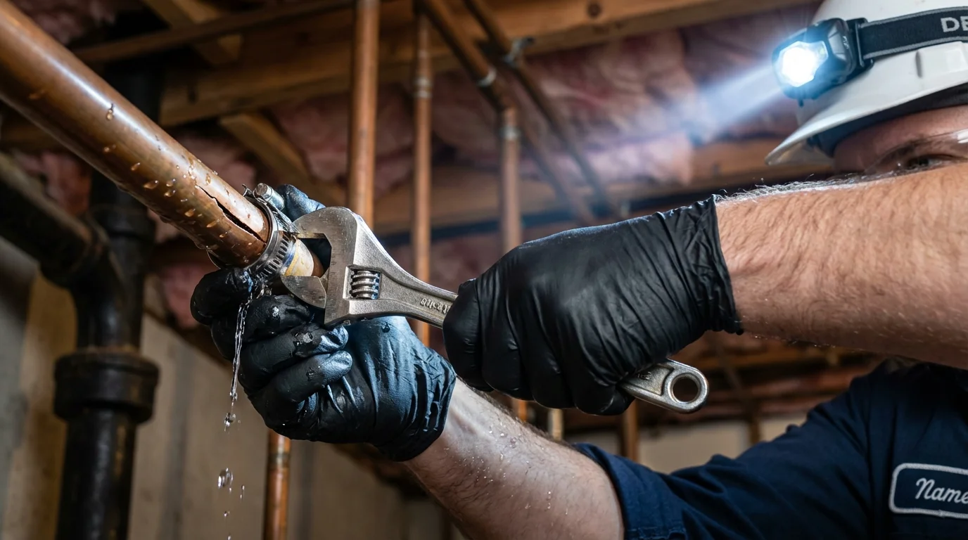 Emergency pipe clamp repair being performed by a Johns Plumbing LLC plumber in Rosebud